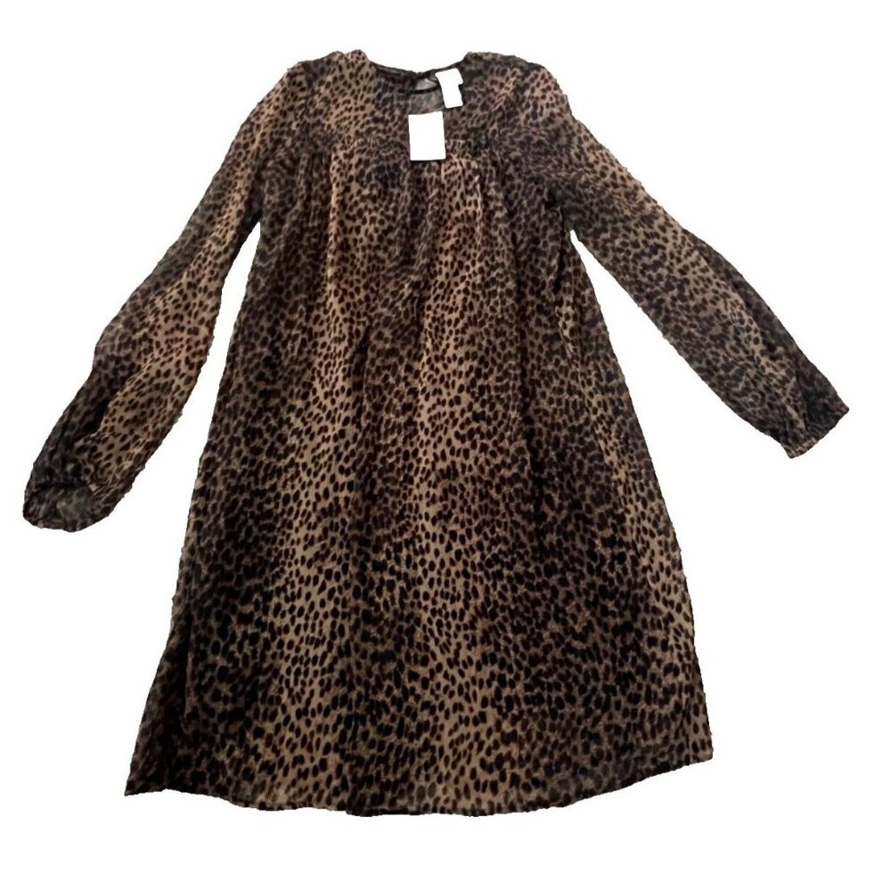 H&M Womens Brown Animal Print Long Sleeve Chiffon Dress Ruffled Size 0‎ NWT